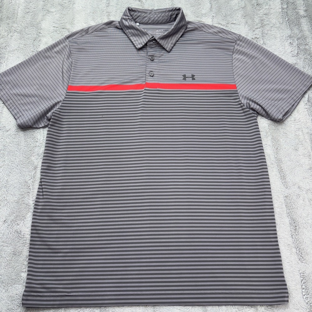 Under Armour Mens L Polo Shirt 3 Button Top Pullover Collar Gray Stripe